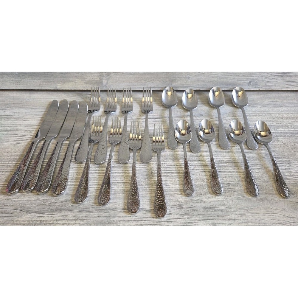 Oneida TIBET Stainless Flatware Hammered Glossy Silverware Flatware 20 Lot E9